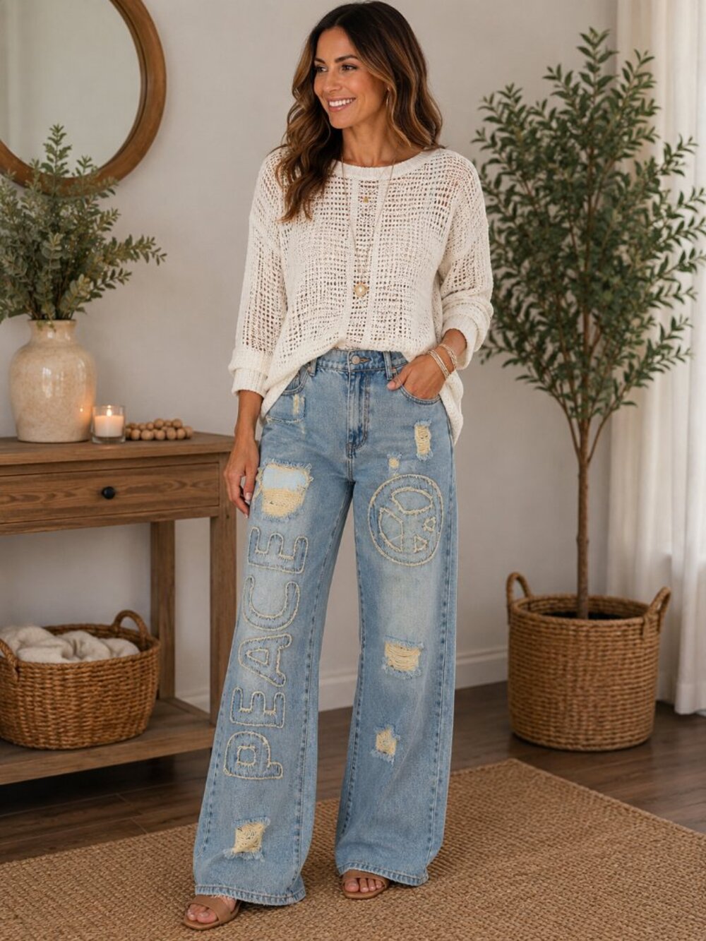 Oli & Hali Peace Patch Wide Leg Jeans Distressed Patchwork Denim Large NWOT
